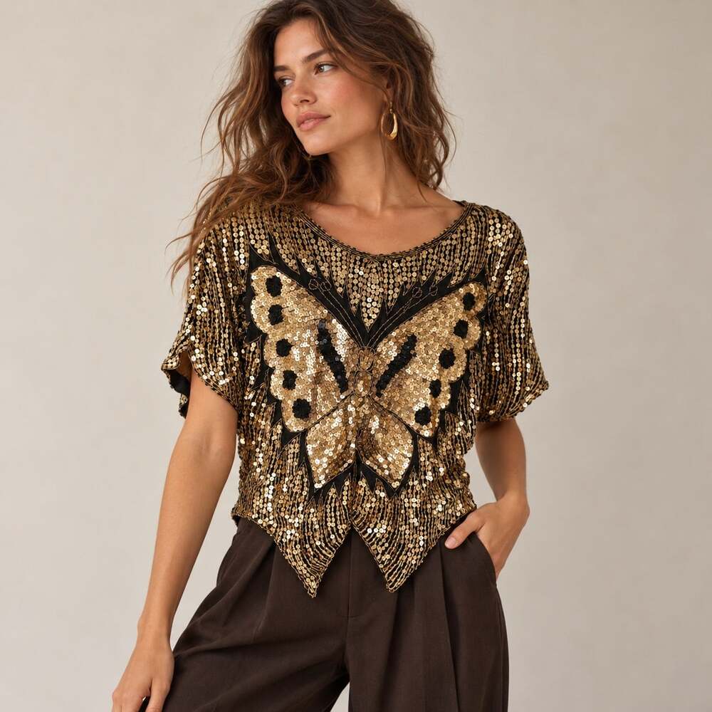 Vintage Silk Sequin Butterfly Blouse Gold Black Made in India L